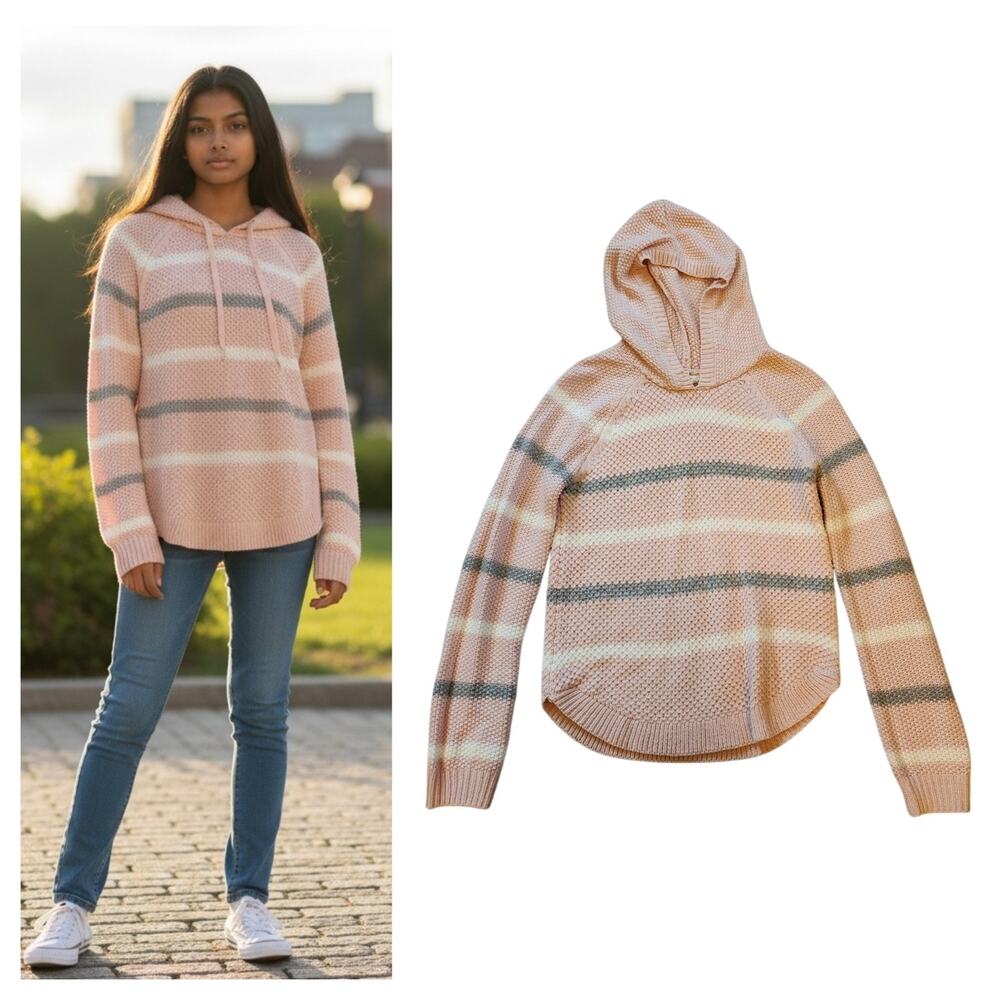 Cloud Chaser Girls Hooded Sweater Size L 12/14 Pink Striped Long Raglan Sleeve